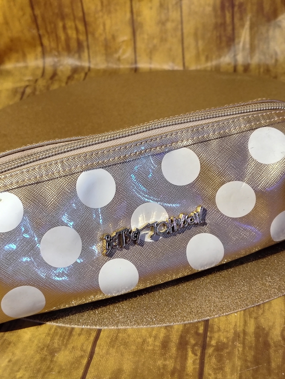Betsey Johnson Iridescent Gold Polka Dot Cosmetic Case